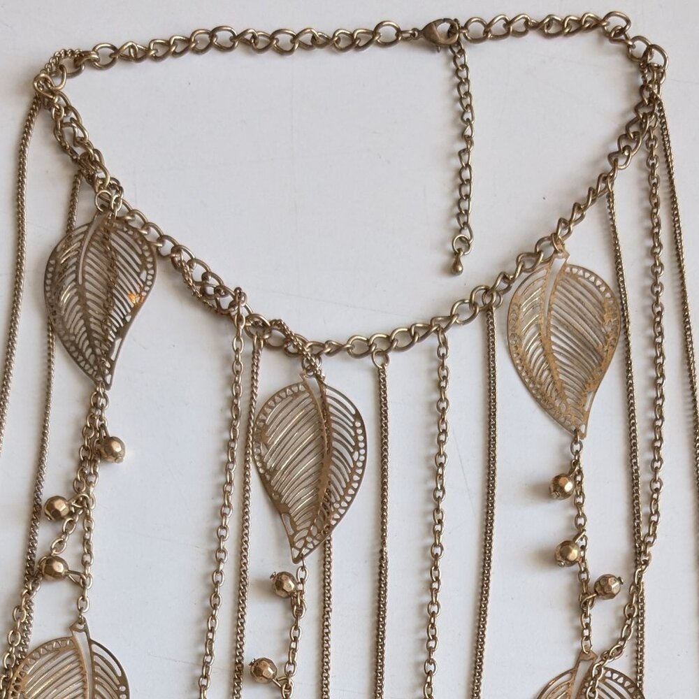 Gold Statement Necklace, Falling Beads and Leaf motif, pair it w/ gold studs